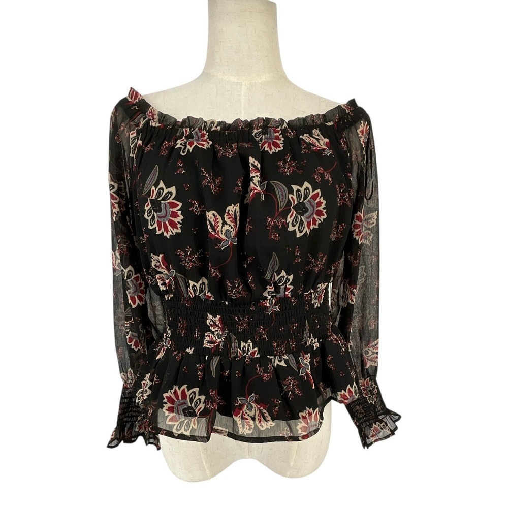 Vtg Patrons of Peace Floral Off Shoulder Smocked Waist Peplum Blouse Cottagecore